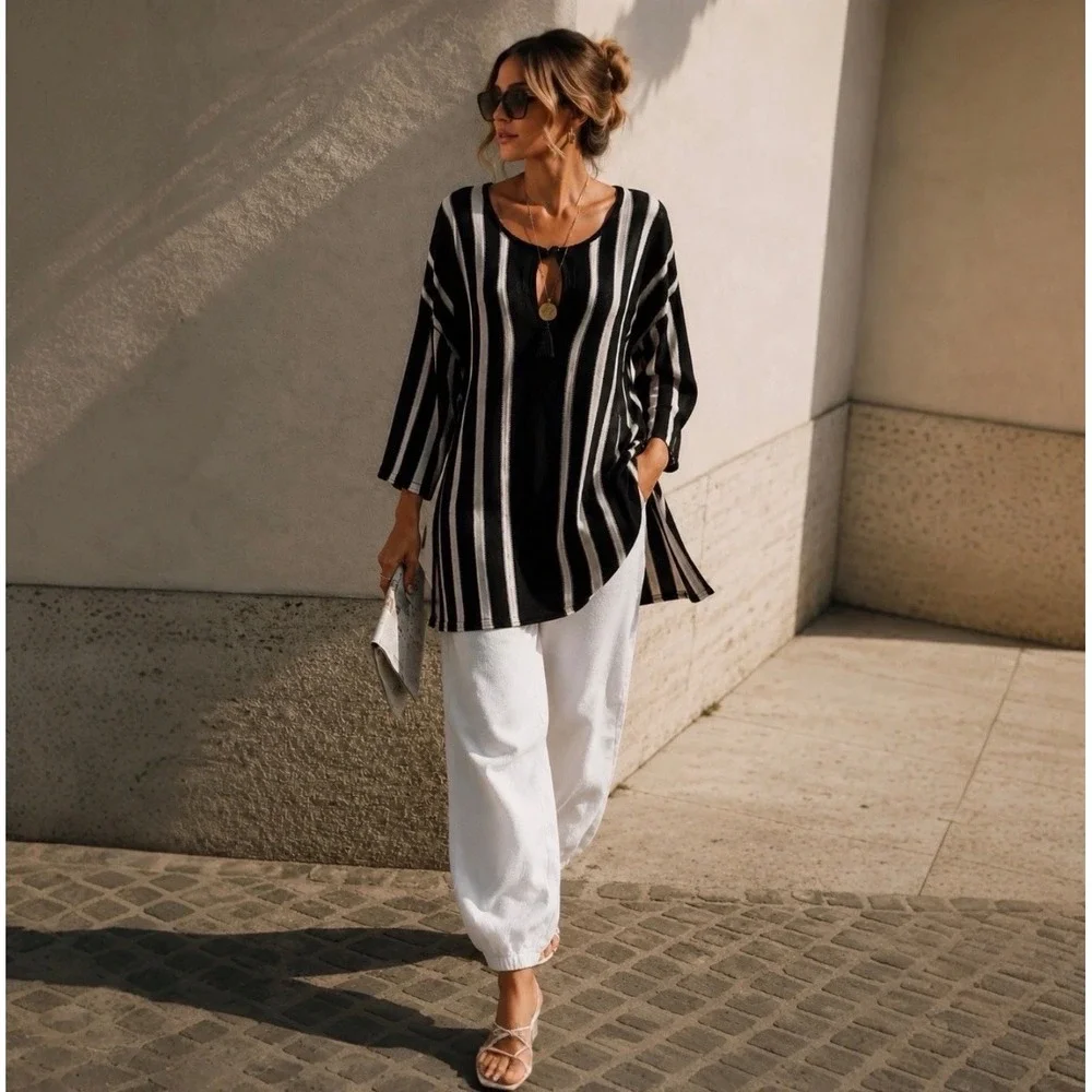 Zara Women Black Cream Striped Linen Blend Knit Tunic Coverup Top Medium Boho